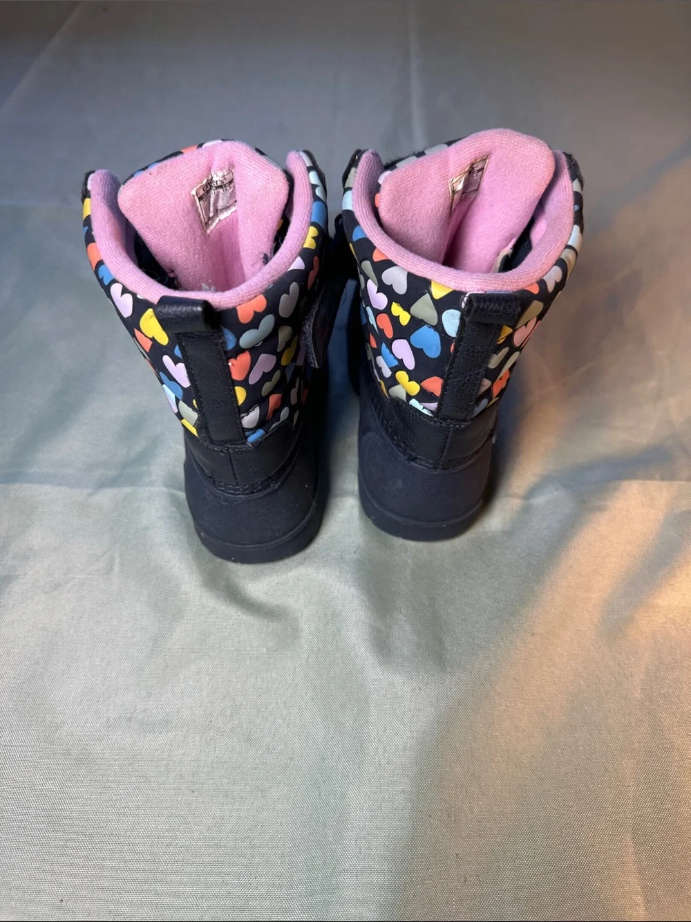 Carter's Black Boots with Multicolor Heart Tongue and Pink Lining